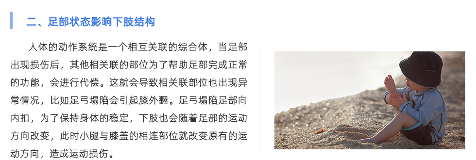 人體的動作系統(tǒng)是一個相互關(guān)聯(lián)的綜合體，當(dāng)足部出現(xiàn)損傷后，其他相關(guān)聯(lián)的部位為了幫助足部完成正常的功能，會進(jìn)行代償。這就會導(dǎo)致相關(guān)聯(lián)部位也出現(xiàn)異常情況，比如足弓塌陷會引起膝外翻。足弓塌陷足部向內(nèi)扣，為了保持身體的穩(wěn)定，下肢也會隨著足部的運動方向改變，此時小腿與膝蓋的相連部位就改變原有的運動方向，造成運動損傷。